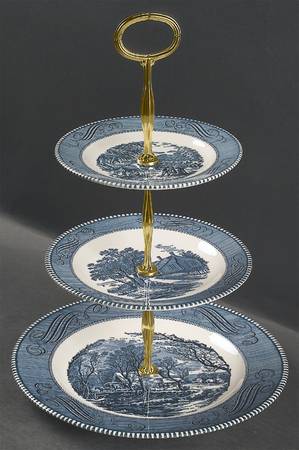 Currier and Ives Blue 13 7/8"-14 1/4" 3-Tiered Serving Tray(DP,SP,BB) HC