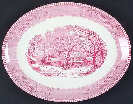 Currier and Ives Pink 13" Oval Serving Platter