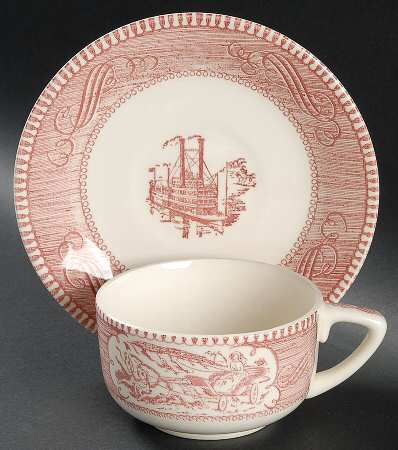Currier and Ives Pink Flat Cup & Saucer Set