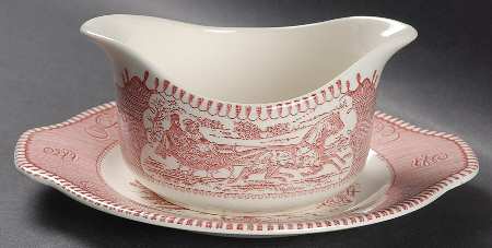 Currier and Ives Pink Gravy Boat & Underplate