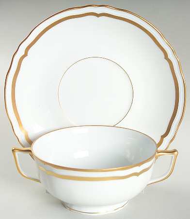 Marie Antoinette Gold on White Footed Cream Soup Bowl & Saucer Set