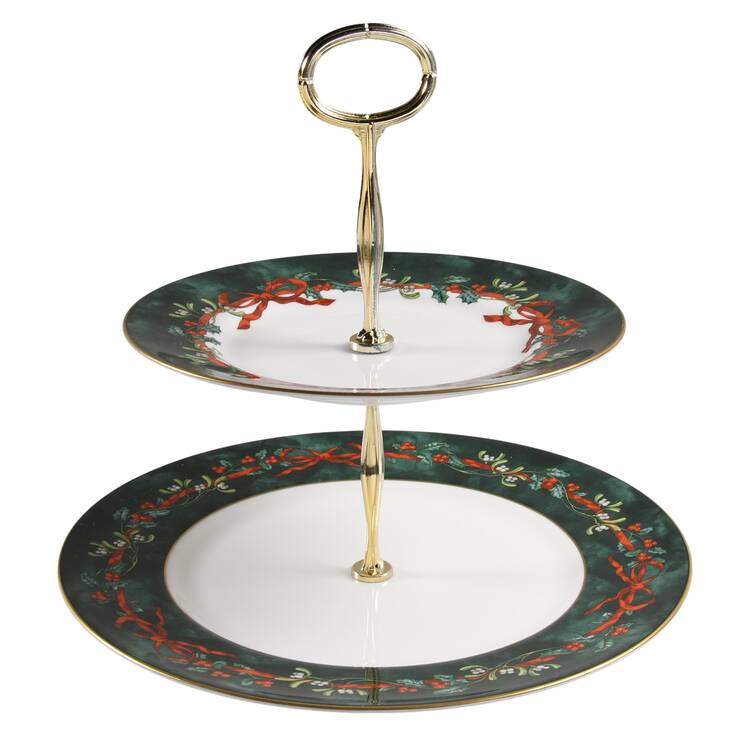 Holly Ribbons Green 6 5/8"-10"  2 Tiered Serving Tray (Dp, Sp) HC by Royal Worcester