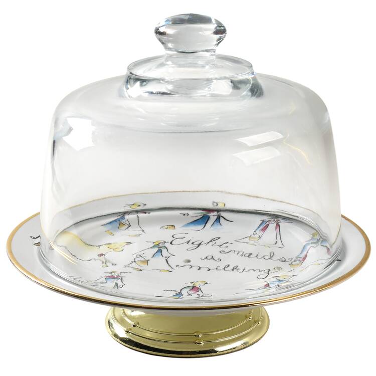 Twelve Days of Christmas (Gold Trim) 6 1/2"-7 1/2" Footed Cheese Plate w/ Glass Dome HC