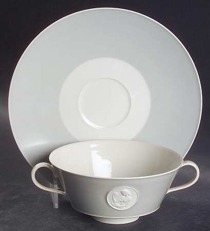 Arcadia Gray (No Trim, Cream Background) Footed Cream Soup Bowl & Saucer Set by Royal Berlin