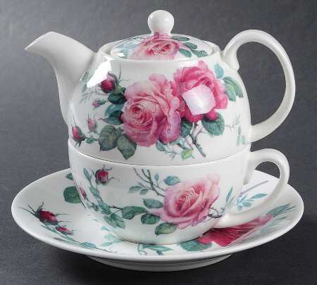 English Rose (Ribbed, No Trim) Tea for One (Stacking Teapot w/Cup & Saucer)