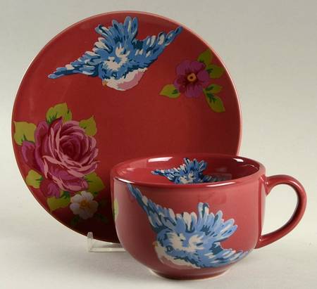 Songbird Garden Raspberry Flat Cup & Saucer Set