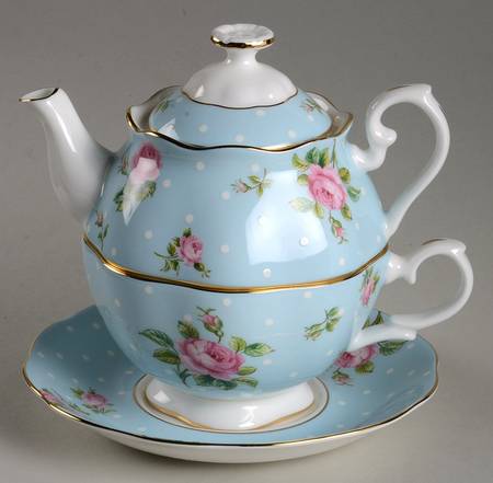 Polka Rose Tea for 1 (Stacking Teapot w/Cup & Saucer)