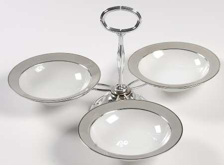 Platina (White with Gray Color Band) 7" x 12" 3-Part Relish & Metal Stand (FR) HC