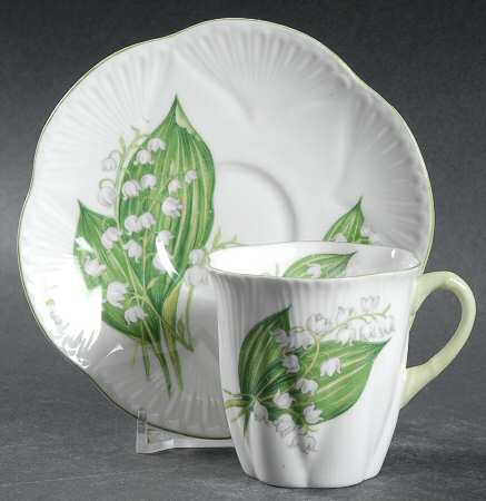 Lily of The Valley (Green Trim, Dainty Shape) Flat Demitasse Cup & Saucer Set