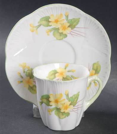 Primrose (Dainty Shape, Green Trim) Flat Demitasse Cup & Saucer Set