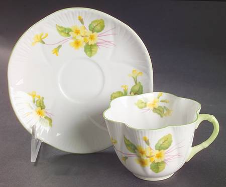 Primrose (Dainty Shape, Green Trim) Flat Cup & Saucer Set by Shelley