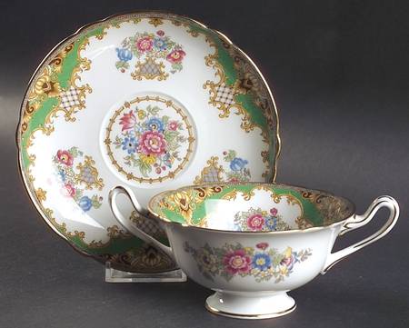 Sheraton Green (Scalloped) Footed Cream Soup Bowl & Saucer Set