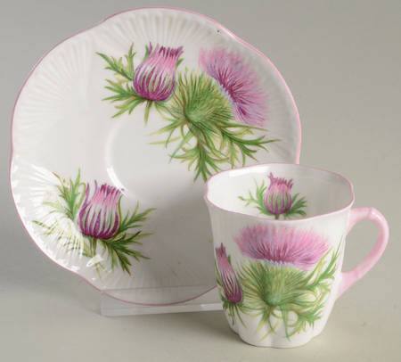 Thistle (Dainty, Pink, Pink Trim) Flat Demitasse Cup & Saucer Set