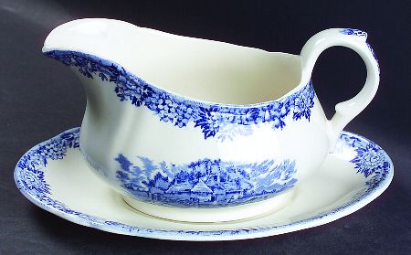 English Village Blue Gravy Boat & Underplate