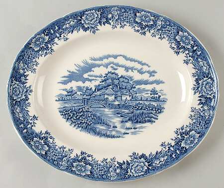 English Village Blue 14" Oval Serving Platter