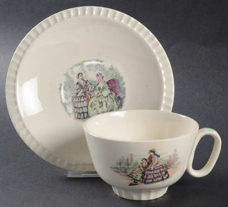 Godey Prints (Fluted, No Color Band) Flat Cup & Saucer Set