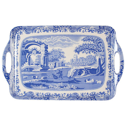 Blue Italian 19" Rectangular Handled Serving Melamine Tray