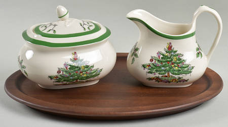 Christmas Tree (4 Piece) Creamer & Sugar Set with Wood Tray