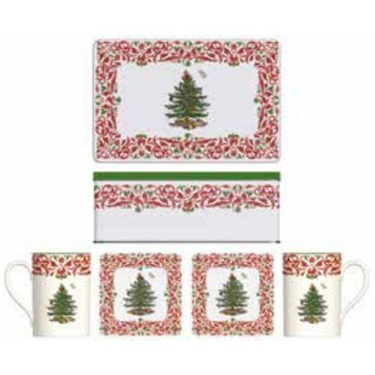 Christmas Tree 5 Pc Mug & Coaster Set W/Tin