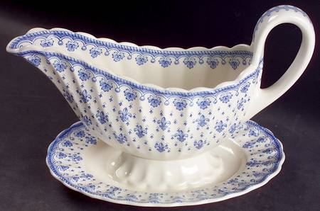 Fleur de Lys Blue (Earthenware, No Trim) Gravy Boat with Attached Underplate