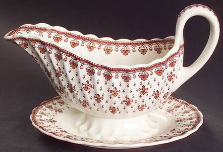 Fleur de Lys Brown (Earthenware, No Trim) Gravy Boat with Attached Underplate