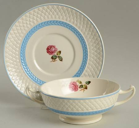 Mansard Rose Blue Laurel Band Footed Cream Soup Bowl & Saucer Set by Spode