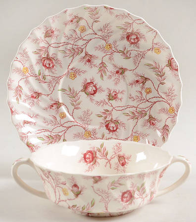 Rosebud Chintz (2-8401, Pink Vine) Flat Cream Soup Bowl & Saucer Set