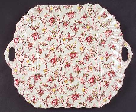Rosebud Chintz (2-8401, Pink Vine) Square Handled Cake Plate