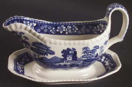 Tower Blue (Newer Backstamp) Gravy Boat with Attached Underplate