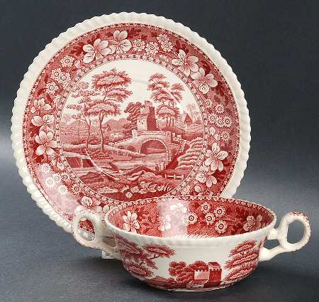 Tower Pink (Older Backstamp) Flat Cream Soup Bowl & Saucer Set
