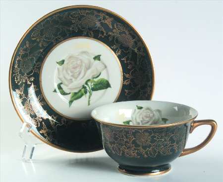 Chantilly Dark Green (Gold Floral) Footed Cup & Saucer Set
