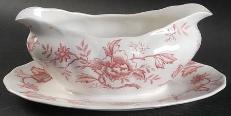 Pink Flora Gravy Boat with Attached Underplate