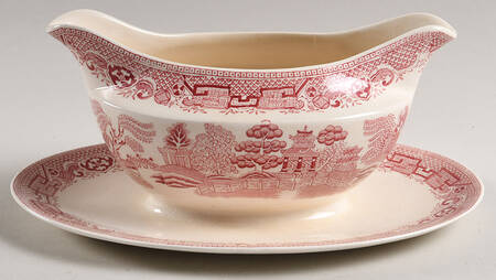 Old Willow Pink Gravy Boat with Attached Underplate