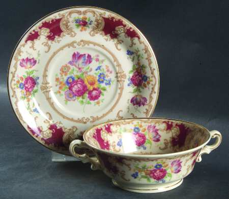 Romance Maroon Footed Cream Soup Bowl & Saucer Set