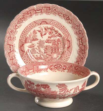 Old Willow Pink Footed Cream Soup Bowl & Saucer Set