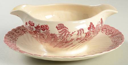 Old Willow Pink Gravy Boat with Attached Underplate