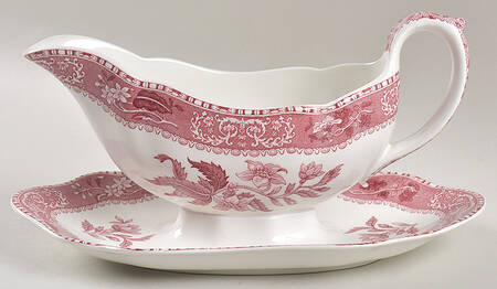 Pink Camilla (Scallop, New Stamp, Microwavable) Gravy Boat with Attached Underplate by Spode