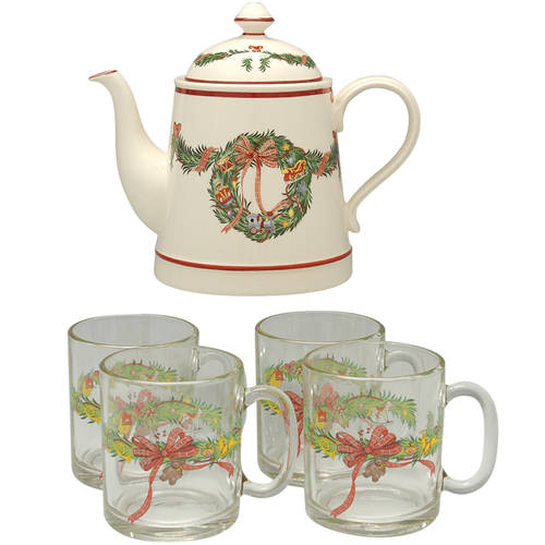 Christmas Memories 6 Pc Beverage Set (Teapot & 4 Glass Mugs)