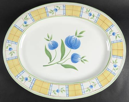 Gingham Blue 20" Oval Serving Platter by Studio Nova