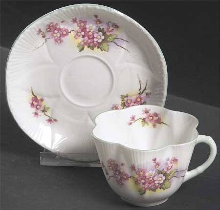 Blossom (Dainty Shape, Green Trim) Flat Cup & Saucer Set