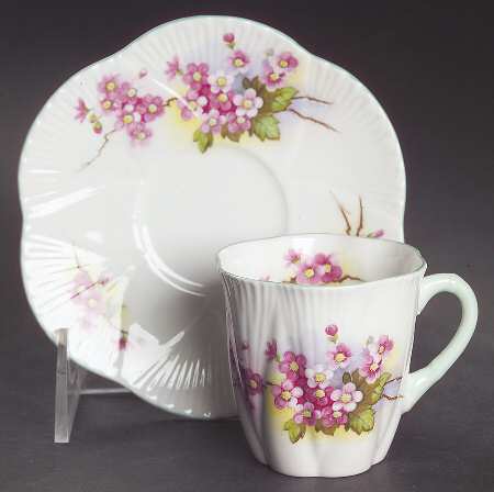 Blossom (Dainty Shape, Green Trim) Flat Demitasse Cup & Saucer Set