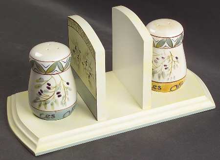 Les Olives Salt & Pepper Set on Wood Napkin Holder Tray