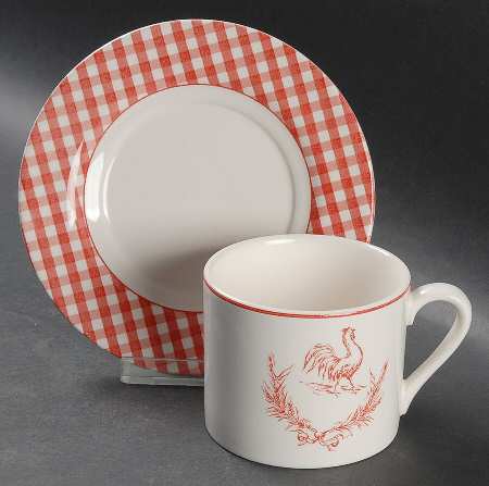 Rooster Gingham Red Flat Cup & Saucer Set