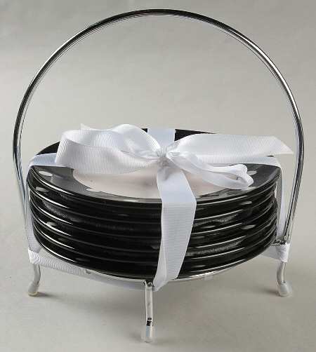 Dots Black Bread & Butter Plates & Caddy - Set of 6