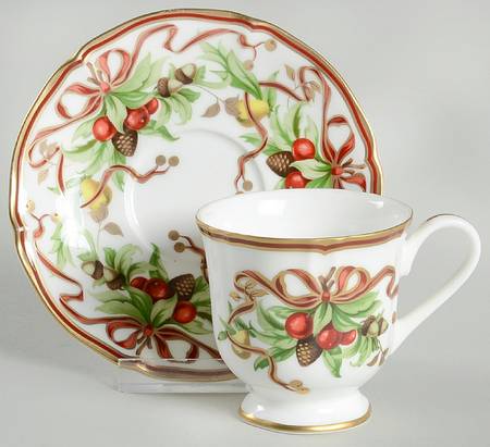 Tiffany Holiday (White Background, Japan) Footed Demitasse Cup & Saucer Set