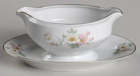 Apple Blossom (White Background) Gravy Boat with Attached Underplate