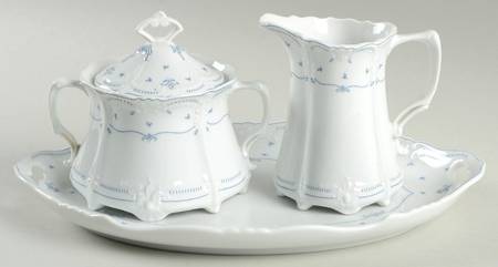 Fleur De Lis Blue Creamer & Sugar with Lid & Tray Set