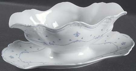 Fleur De Lis Blue Gravy Boat with Attached Underplate
