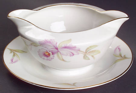 Orchid (White Background) Gravy Boat with Attached Underplate