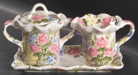 English Garden Creamer & Sugar with Lid & Tray Set